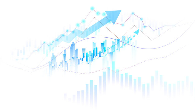 transparent stock market graph, glowing blue financial stock chart with bar graph, candlestick patterns, and line trend analysis on transparent background.