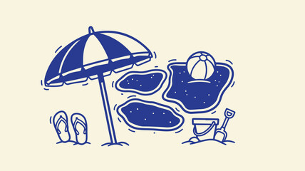 Sunny beach day graphic with parasol puddles ball bucket shovel and flip flops icon drawing. © TREND AND VECTORS