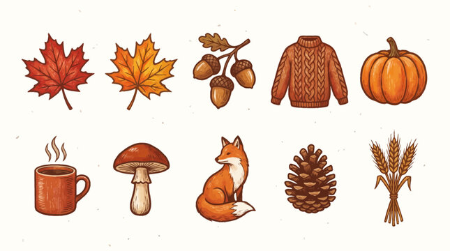 A grid of ten autumnthemed illustrations featuring leaves acorns a sweater pumpkin mug mushroom fox cone and wheat