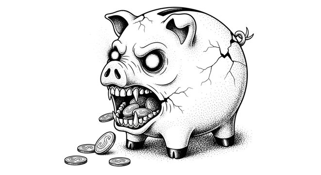 Scary Zombie Piggy Bank with Coins Spilling Out.
