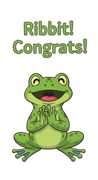 Cheerful green cartoon frog celebrating with clasped hands and ribbit caption.