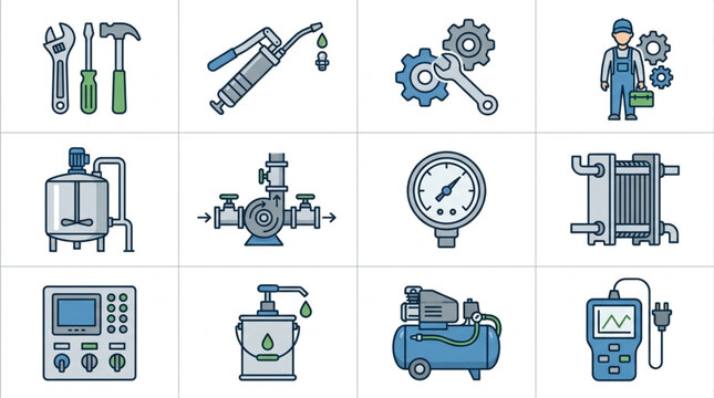 Collection of industrial tools and equipment icons.