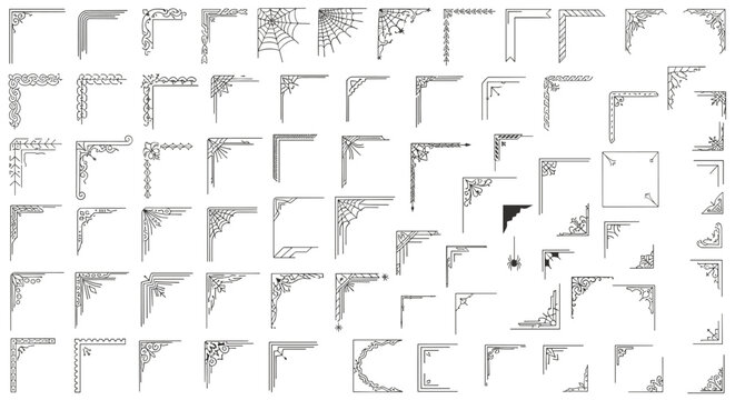 Extensive collection of vintage decorative corner ornaments and flourishes in various styles for elegant page borders and document designs.