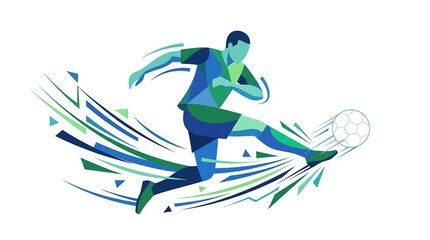 Fototapeta premium Dynamic vector art of soccer player in action with shattering glass effect motion lines for sports tournament branding.