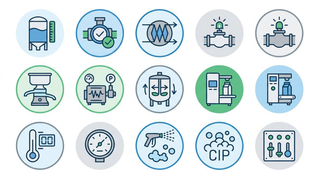 Industrial equipment icons for manufacturing and processing plants.