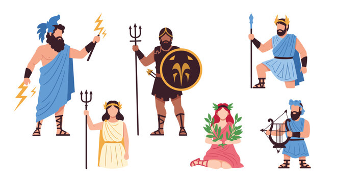 Set of ancient greek gods and goddesses characters including zeus poseidon and artemis with their traditional mythological symbols.