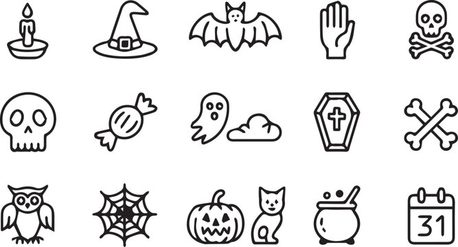 A cohesive set of  Halloween-themed line art icons arranged in a neat 3x6 grid against a clean white background. The minimalist black outline illustrations feature classic spooky elements including 