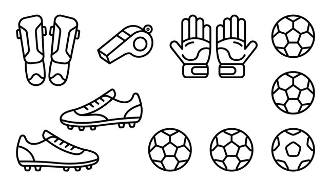 Collection of soccer equipment line icons, balls, shoes, gloves, whistle and shin guards.