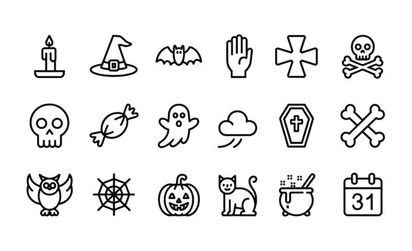 A cohesive set of  Halloween-themed line art icons arranged in a neat 3x6 grid against a clean white background. The minimalist black outline illustrations feature classic spooky elements including 