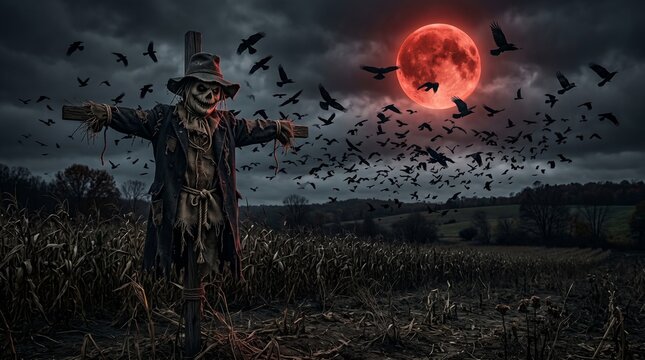 Sinister scarecrow with crimson moon and ominous crows at night