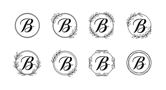 Elegant set of black and white letter b monogram logos enclosed in various decorative floral wreaths and circular frames.