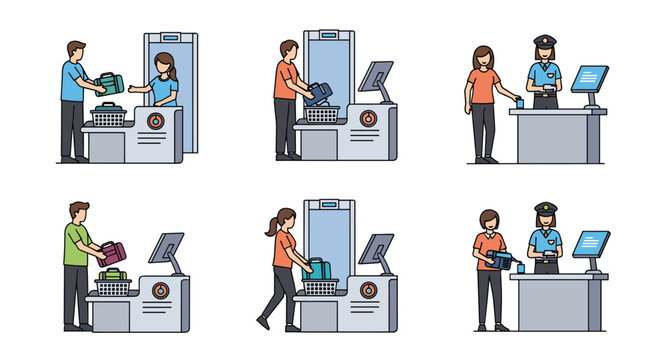 Various scenes of customers interacting with service staff at checkout counters or security checkpoints in public places.