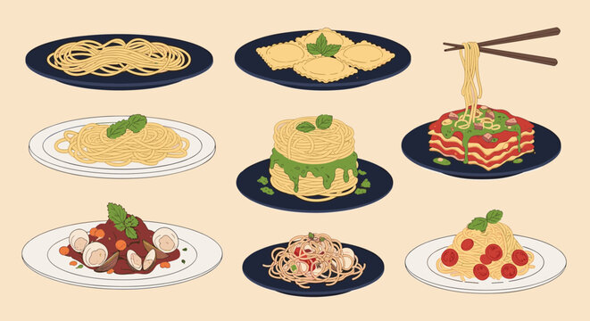 Selection of delicious italian pasta dishes including spaghetti ravioli and lasagna served on various colorful plates.