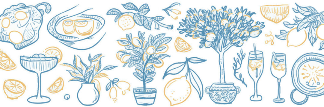 Lemon Border with Drinks and Potted Plants traced pattern