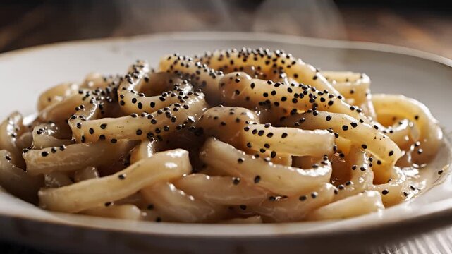Closeup of delicious pasta dish with black pepper sprinkled on top.