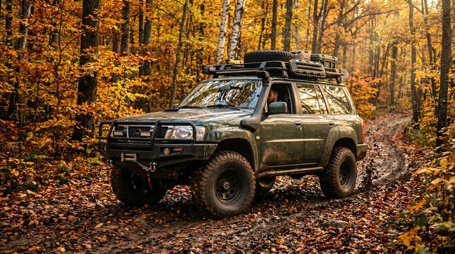 Off-road adventure A rugged four-wheel-drive vehicle navigating a vibrant autumn forest trail