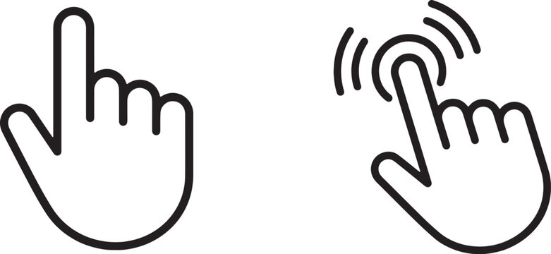 Art & Illustration, Vector set of minimal line icons depicting hand touch gestures, clicking, and multi-touch interactions. Ideal for digital user interface design and mobile applications.
