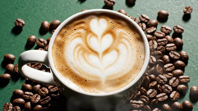 Coffee cup with heart latte art and roasted beans on green background