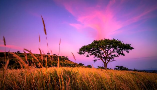 Solitary tree in golden wheat field at dusk with dramatic sky lighting