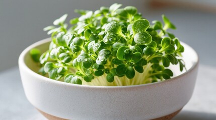 Fototapeta premium Fresh green microgreens growing in a ceramic bowl.