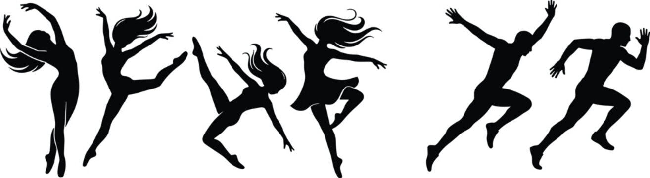 Black silhouette dancers performing expressive modern dance moves in a row expressive poses d