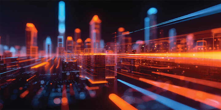 Night city lights and traffic with neon glow, concert and club party atmosphere, music festival vibe with lasers, spotlight, dancing crowd and blue digital illumination