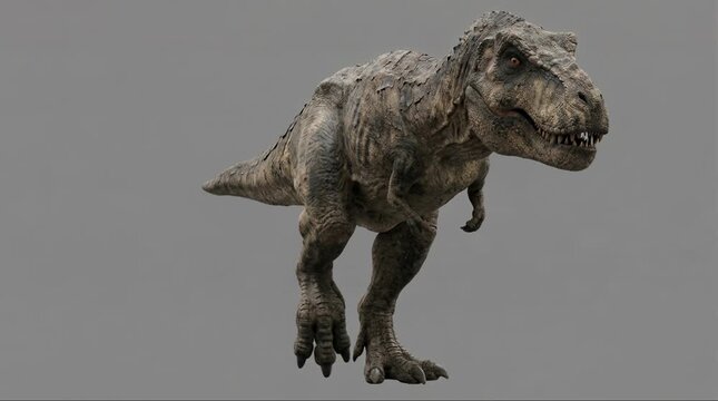 Tyrannosaurus Rex walking front view isolated on grey background