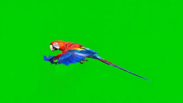 Scarlet Macaw Parrot Flying on Green Screen Chroma Key Background.