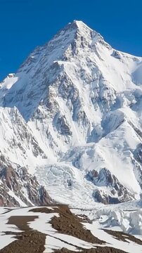 K2 mountain peak, second highest mountain in the world, K2 trek, Pakistan, Asia. Time lapse in vertical video.