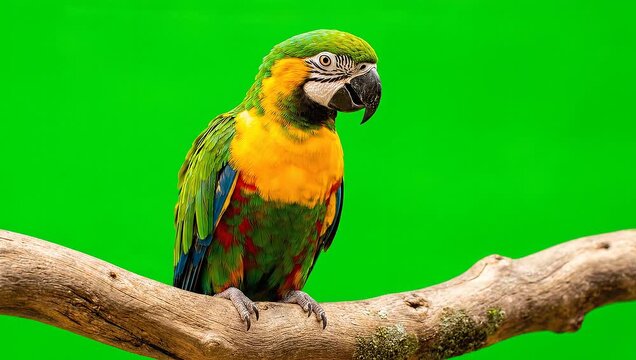 Colorful Macaw Parrot on Branch with Green Screen.