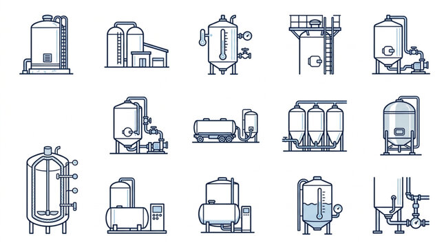 Industrial Storage Tanks and Silos Collection Line Art Icons.