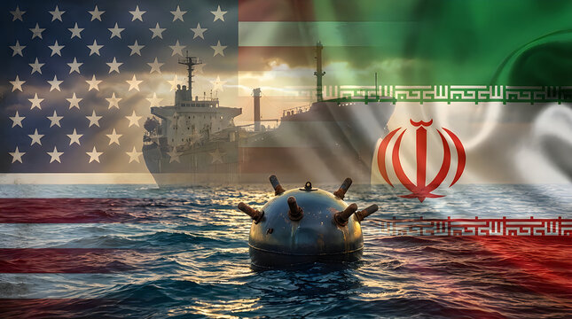 Tensions between the united states and iran in the persian gulf featuring a naval mine and a cargo ship