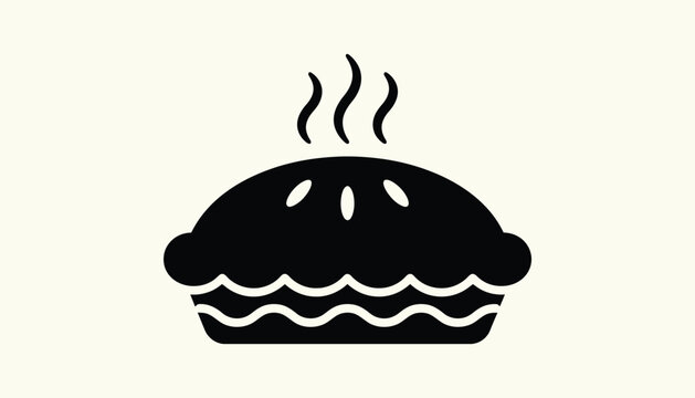 Hot apple pie icon, steaming dessert in a baking dish, black silhouette vector illustration on light background.
