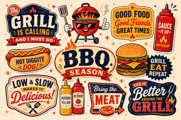 Obraz premium A vibrant collection of barbecue-themed illustrations and typography, featuring grills, hot dogs, burgers, sauces, and various phrases celebrating BBQ season and outdoor cooking.