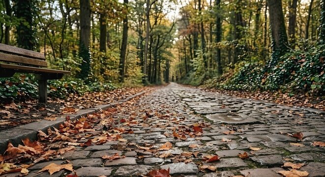 Quiet Autumn Morning on a Forest Cobblestone Path  