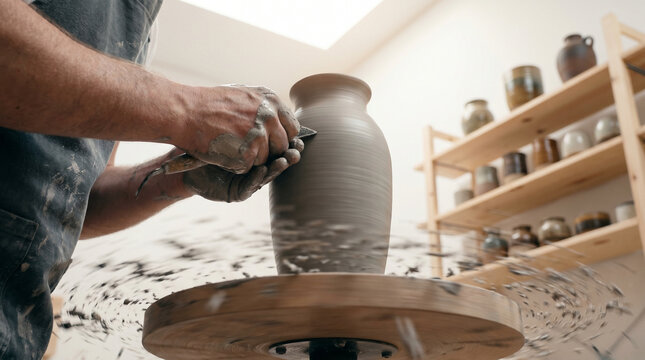 Artisan ceramicist trimming a tall stoneware vase on a kick wheel, clay slip flying outward under studio skylight, finished vessels drying o