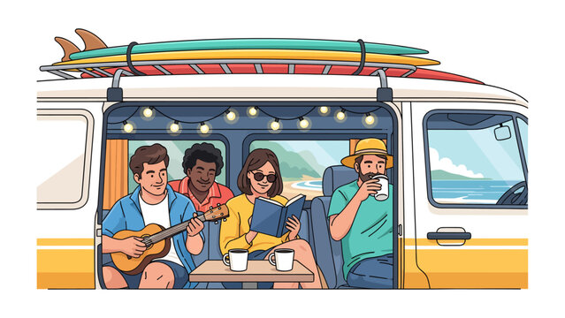 Road Trip Bliss: Four friends enjoy a leisurely vacation trip in a camper van by the sea, with surfboards on the roof, radiating warmth and friendship.