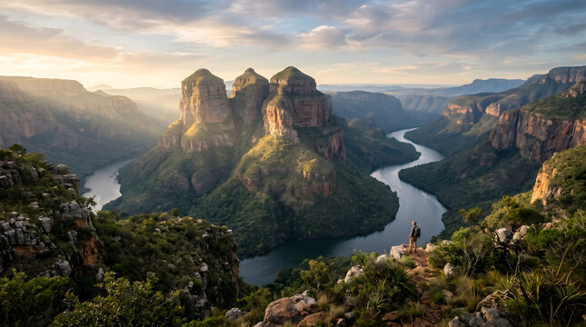 Blyde River Canyon landscape with Three Rondavels at sunrise