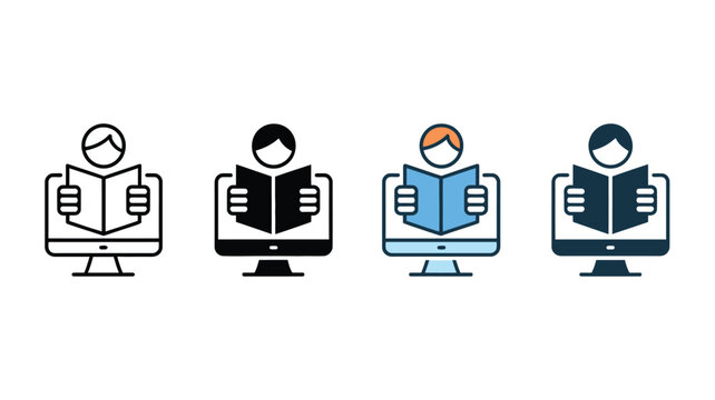 Four Digital Icons Of People Reading On Computers For Educational Technology Concepts
