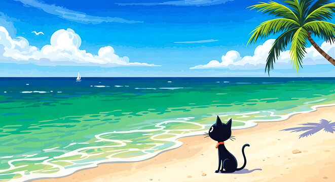 黒猫,海,砂浜,青空,雲,ヤシの木,波,ヨット,水平線,エメラルドグリーン,影,ビーチ,首輪,鈴,夏,風景,自然,座る,後ろ姿,リゾート
