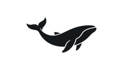 Fototapeta premium Minimalist black silhouette of whale jumping in ocean isolated on white background for marine life logo creation.