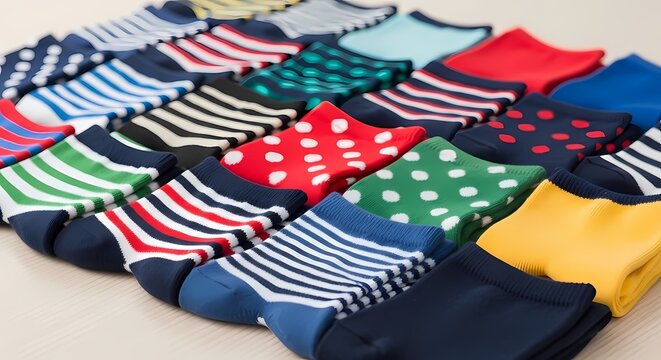 Colorful cotton socks arranged in neat rows with vibrant patterns and soft lighting for e-commerce fashion retail