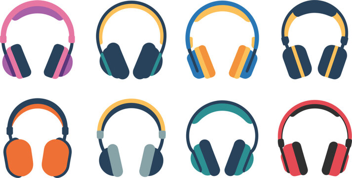 Colorful wireless headphones vector set, modern gaming and music headsets collection on white background