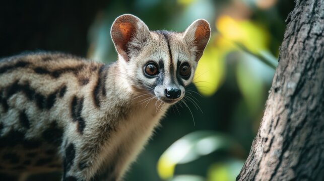Small spotted genet gazes attentively from the side of a tree trunk.
