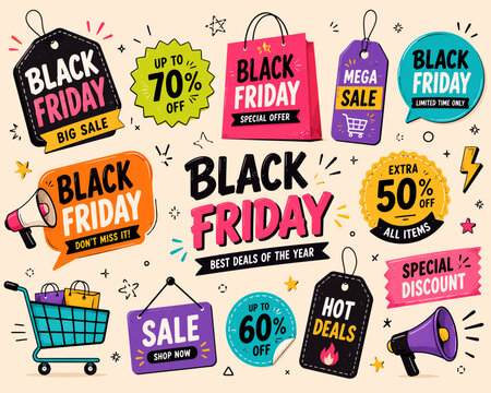 A vibrant collection of Black Friday sale tags, stickers, and promotional elements for shopping discounts and special offers.
