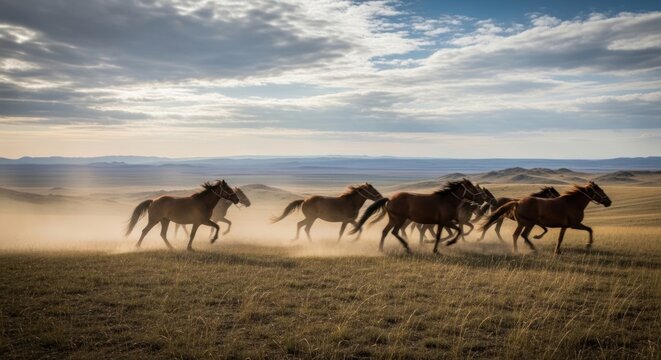 Herd of wild horses running across a dusty plain at sunset.