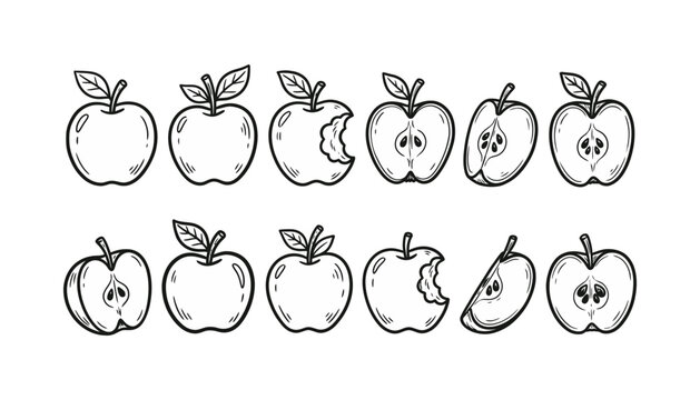 Set of apple fruits whole bitten and sliced hand drawn doodle collection cartoon line art illustration isolated.