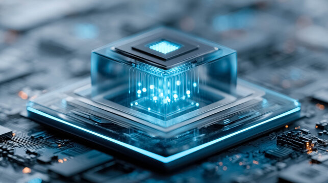 Futuristic quantum computer core with glowing qubits suspended inside advanced processor architecture, transparent chip cross section, quantum computing concept