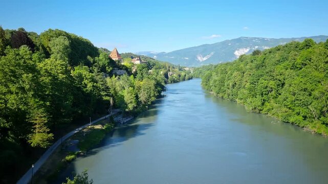 View of the S&ocirc;ne castle (Ch&acirc;teau de la S&ocirc;ne) from the Is&egrave;re river