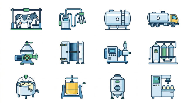 Dairy farm equipment and machinery collection flat icons.